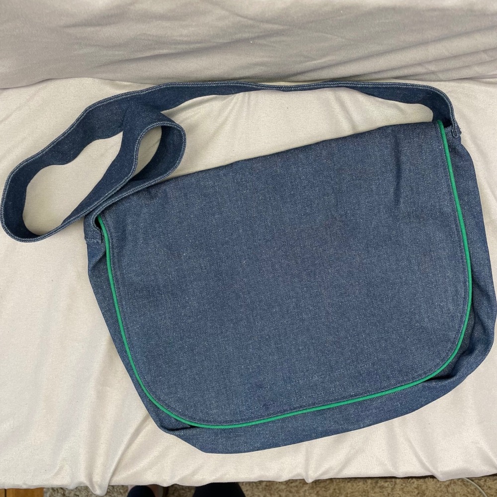 Unbranded Dark Wash Denim Messenger Bag Green Piping Y2K‎ Crossbody Large